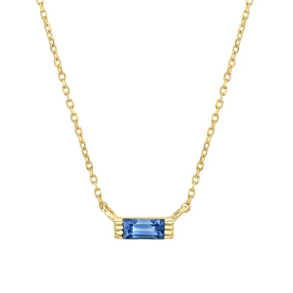 Yellow Gold Blue Sapphire Baguette Pendant with Strie Detail