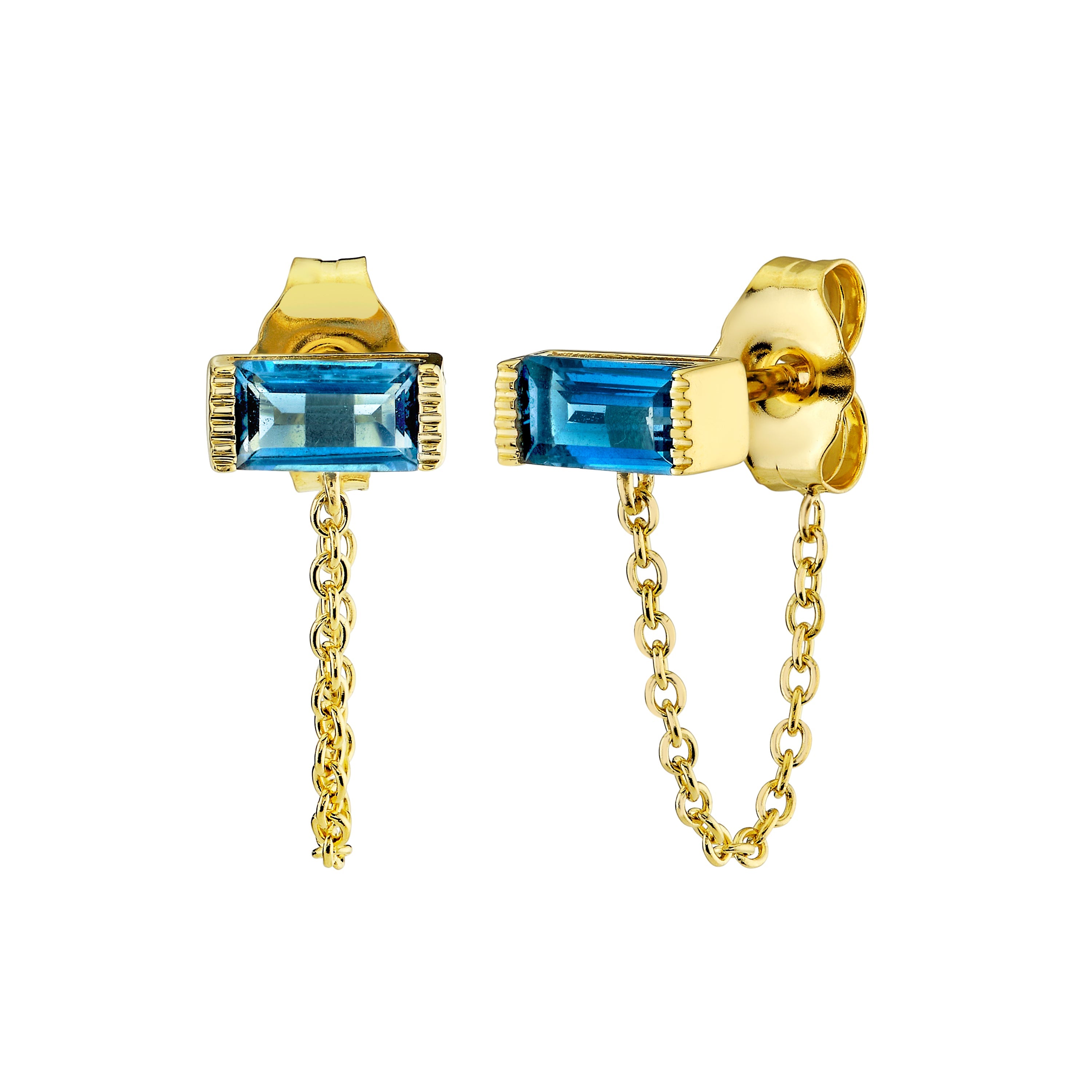 Yellow Gold Blue Topaz Baguette Chain Stud Earrings
