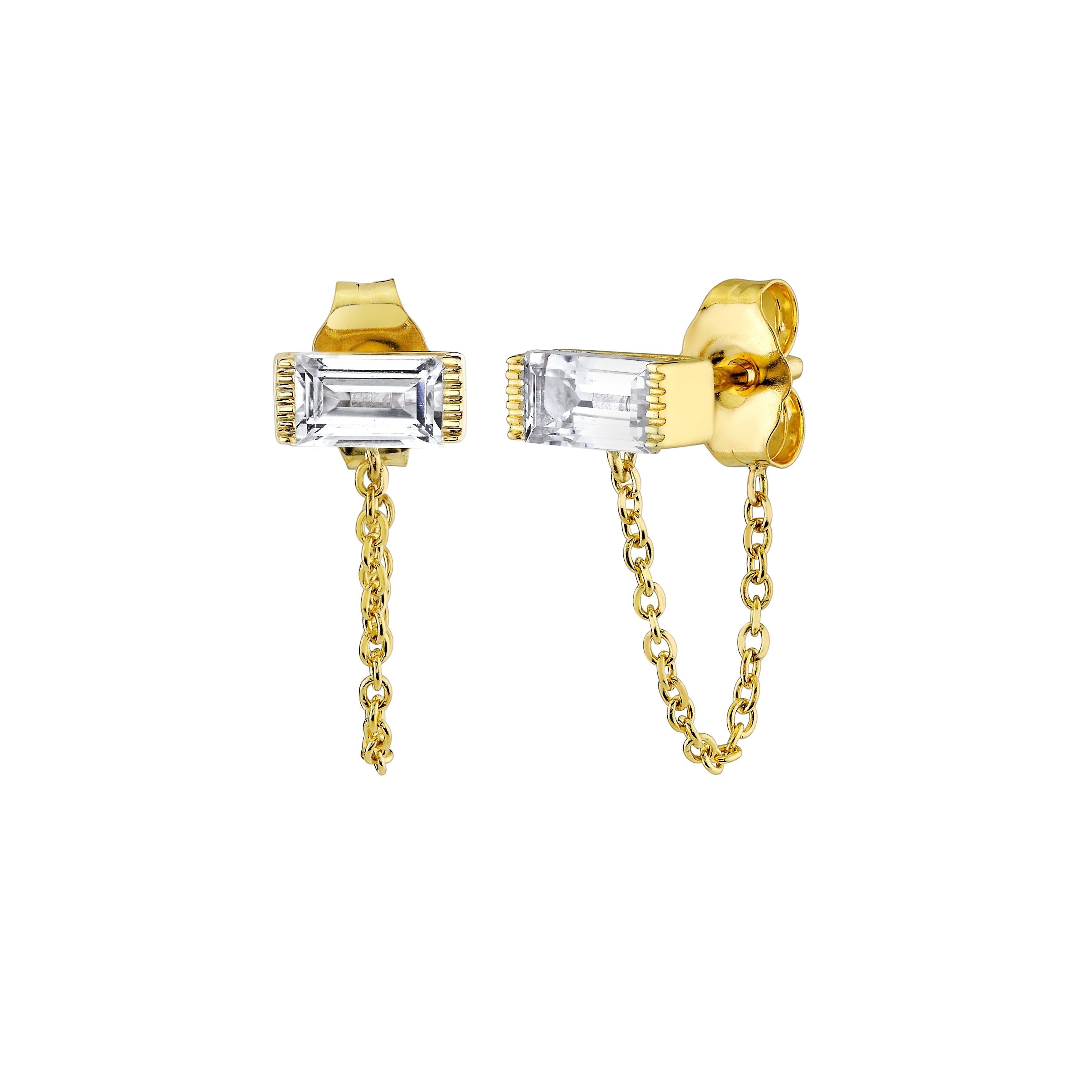 Yellow Gold White Topaz Baguette Chain Stud Earrings