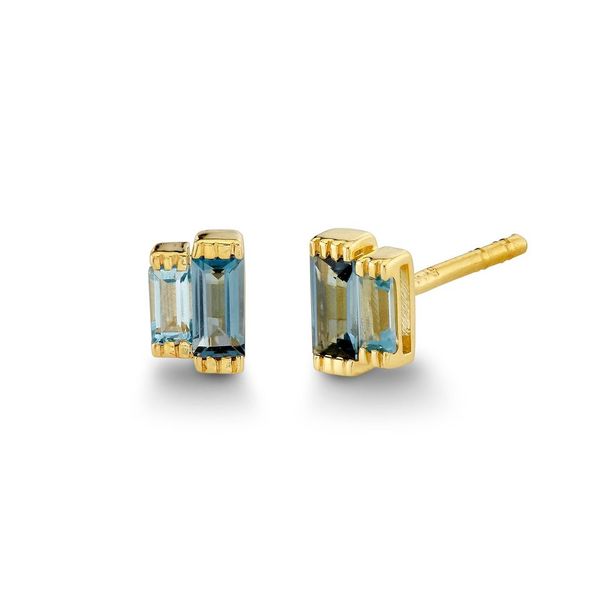 Yellow Gold Stud Earrings in London Blue and Swiss Blue Topaz