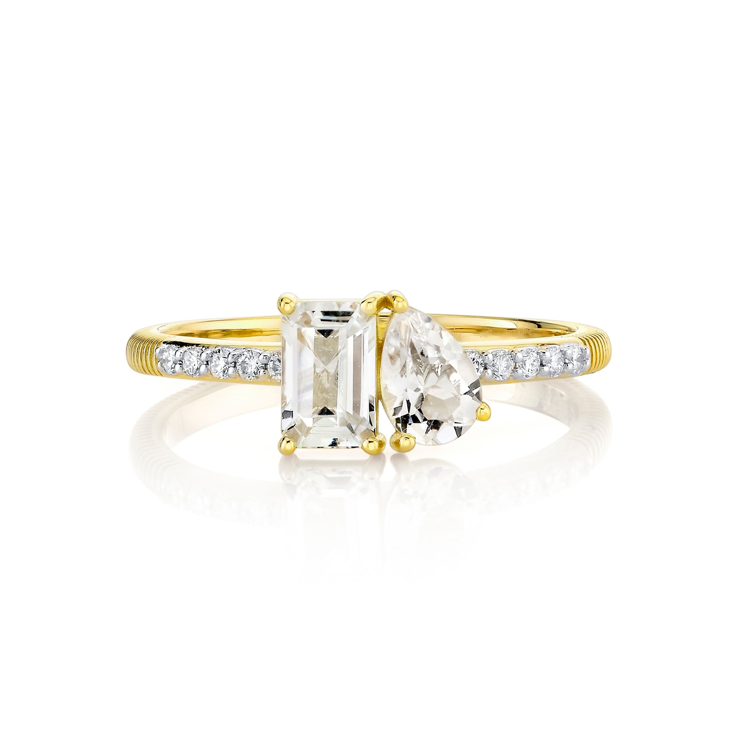 Yellow Gold Open Ring with White Topaz Pear Shape and Emerald Cut
